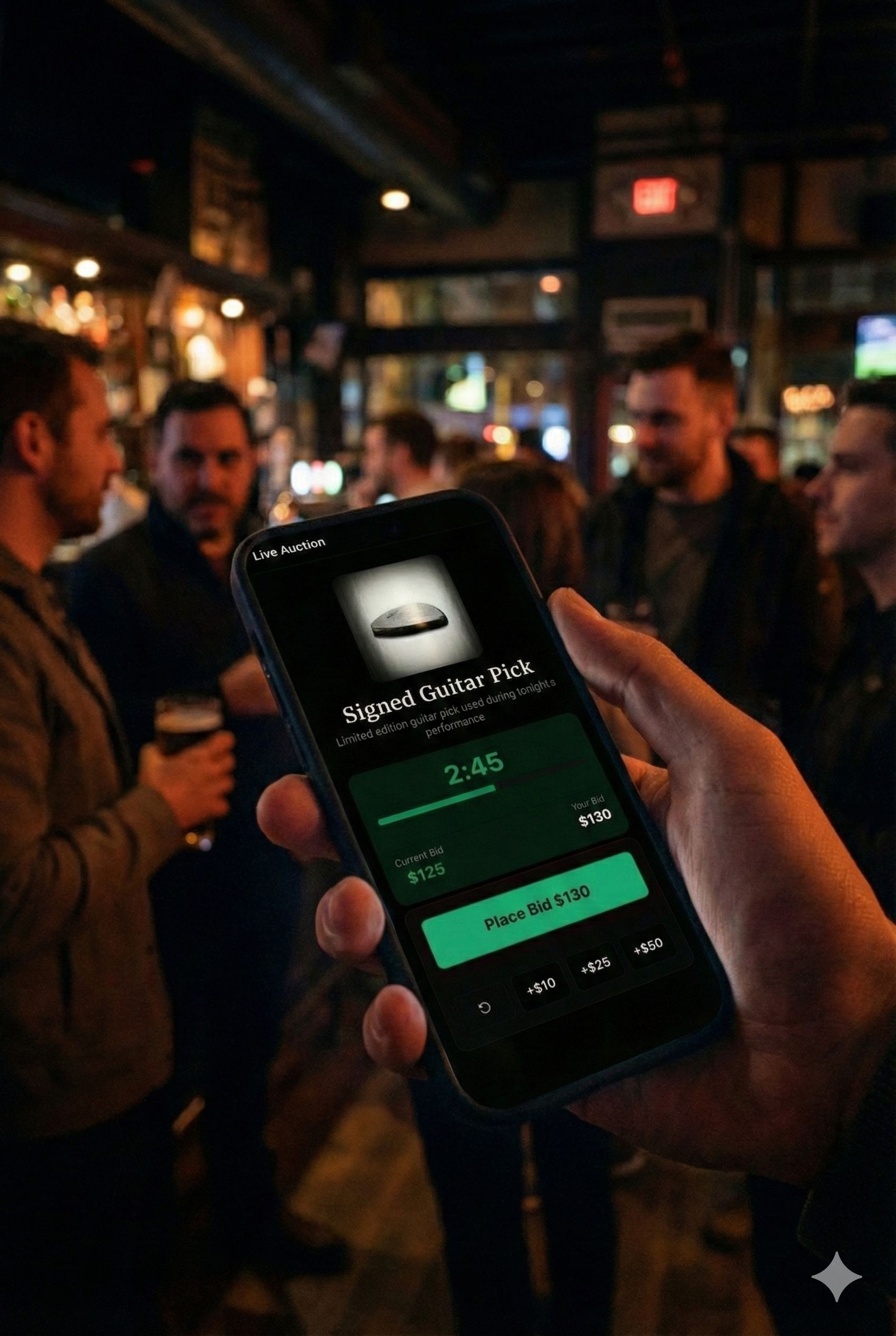 Fan using mobile app to bid on signed guitar pick at live venue