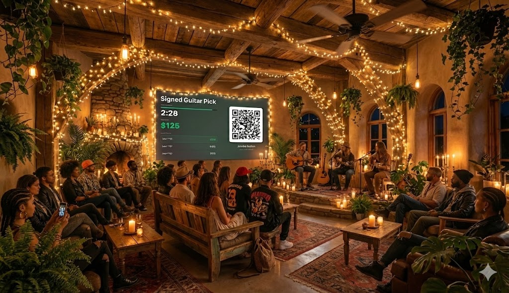 Live auction display at venue with audience watching acoustic performance